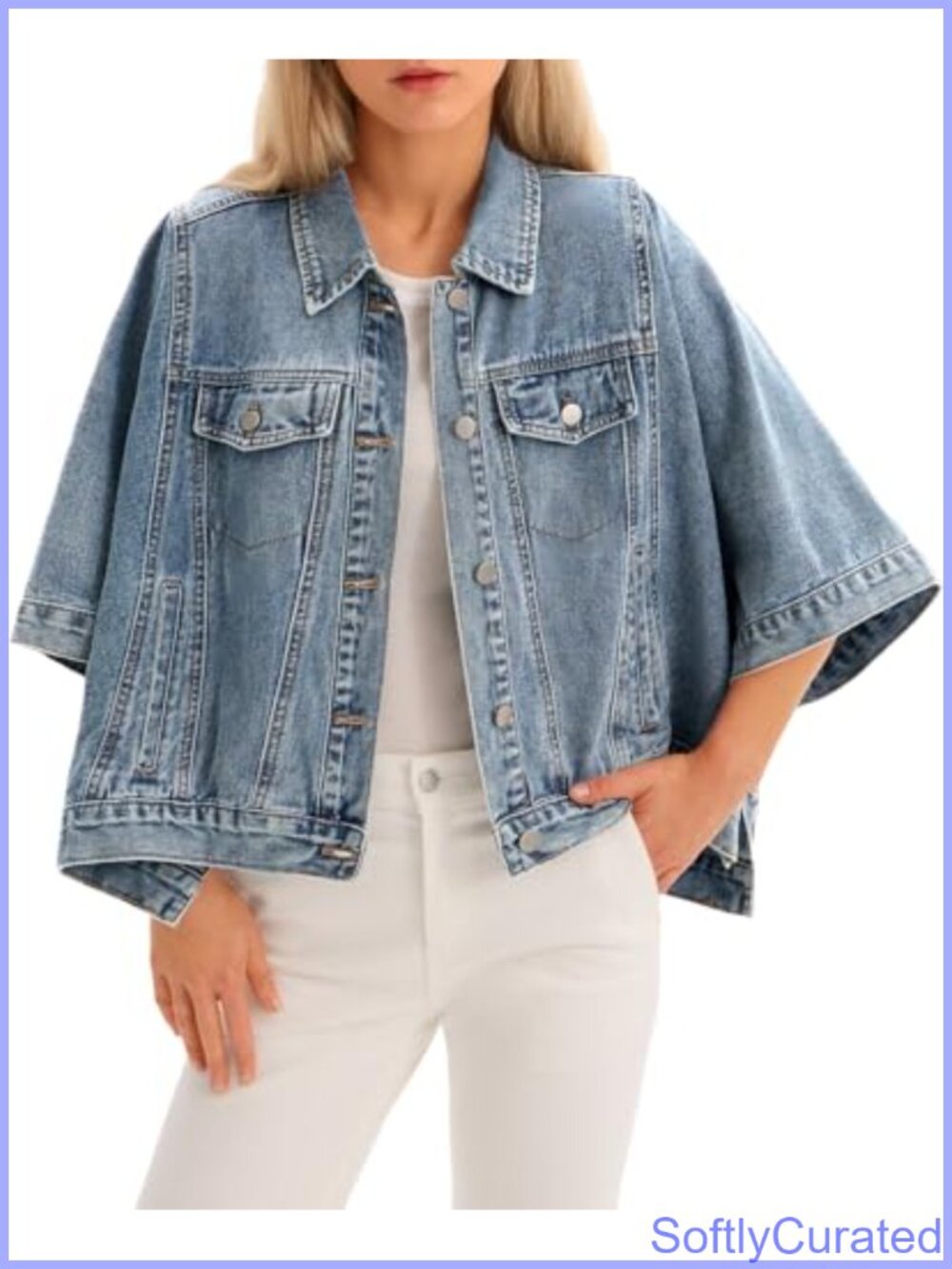 Oversized Cropped Cotton Denim Cape Jacket Button Down Shacket Half Sleeve